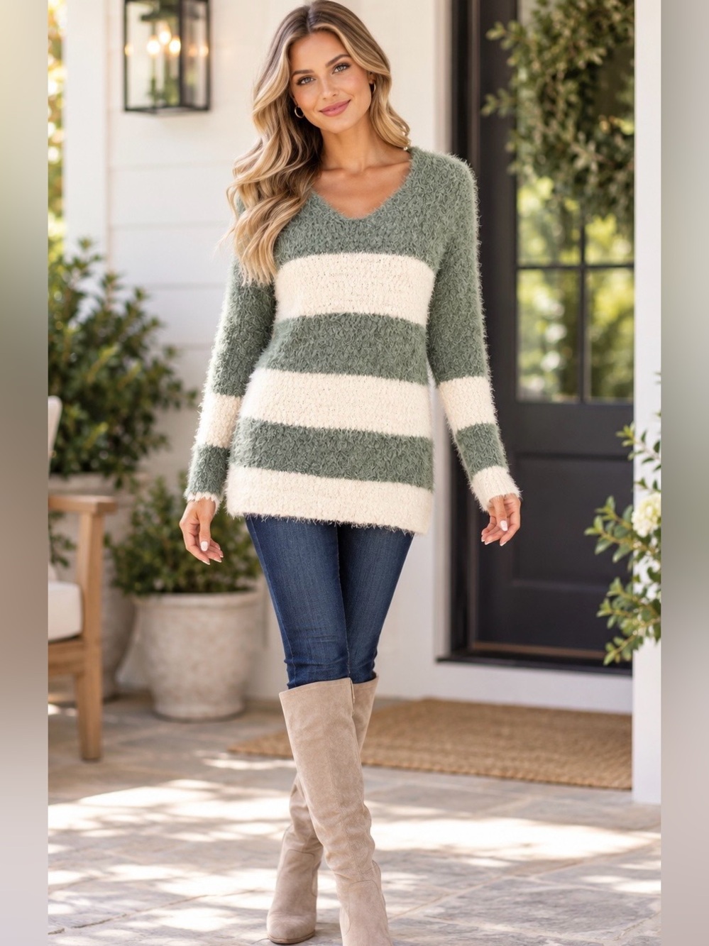 SO Size M Sage Green Ivory Striped Fuzzy Sweater Cozy Soft Knit